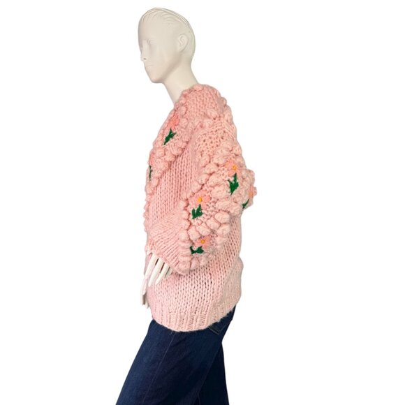 CHICWISH Stitch Floral Diamond Pom-Pom Sweater in Pink Handmade $109 Size M - Picture 7 of 9